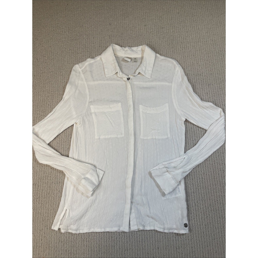 Roxy Women's Small Button Up Viscose Long Sleeve Shirt Ivory Beachy